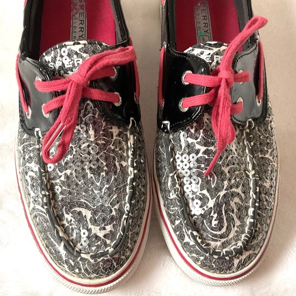 Black White Red Sperry Biscayne Sequined Loafer Lace Up Boat Shoes Size 8M - Picture 6 of 15